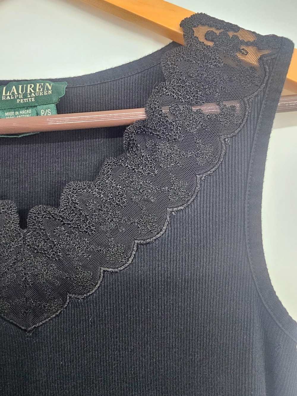 Vintage Lauren Ralph Lauren Black Lace Ribbed Tank Top Petite S - Picture 6 of 8